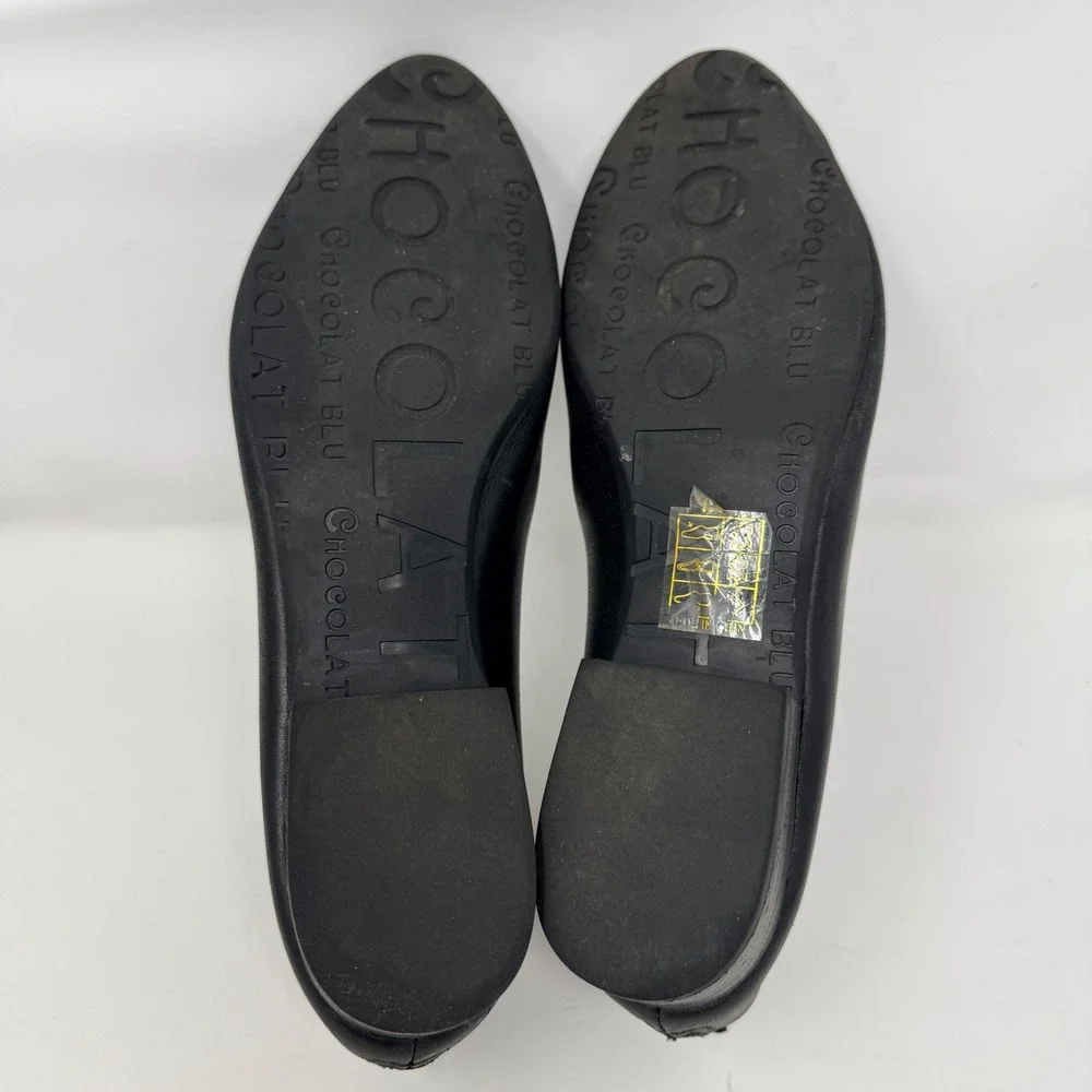 Chocolat Blu Emily Black Leather Pointed Toe Rear Zip Flats Womens 7.5 Fits 7